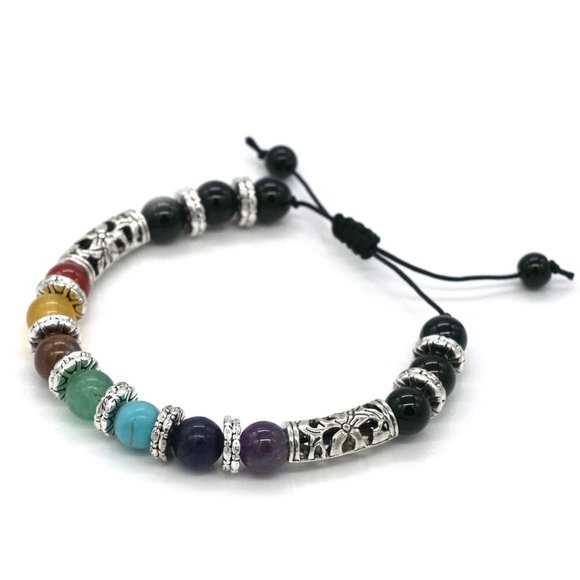 My Bead Emporium Jewelry - Bracelet Chakra Color Stones Silver Adjustable Black Cord.